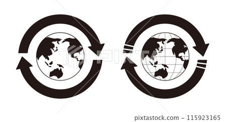 Environment, economy and logistics illustration set with two arrows encircling a black and white globe with filled-in continents 115923165