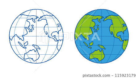 一套藍線世界地圖和綠色和藍色世界地圖。手繪地球儀，其緯度和經度以太平洋為中心。 115923179