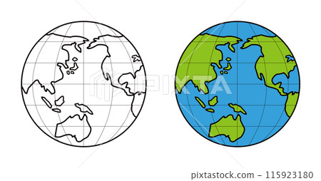 一套黑線世界地圖和綠色和藍色世界地圖。一個以太平洋為中心的緯度和經度的地球儀。 115923180
