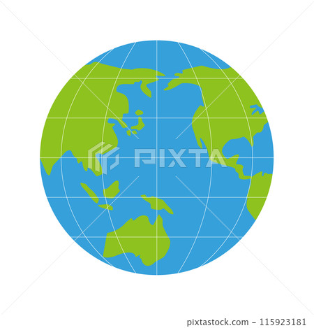 綠色和藍色的世界地圖。一個以太平洋為中心的簡單地球儀，具有細小的白色緯度和經線。 115923181