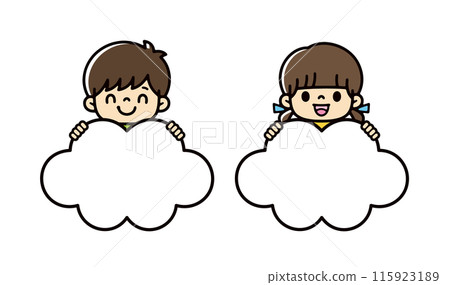 可愛的男女兒童插圖集，帶有雲形橫幅，用於文字、橫幅和廣告 115923189