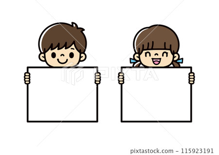 插圖集可愛的男女兒童，帶有空白橫幅，用於文字、橫幅和廣告 115923191