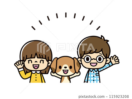 亞洲兒童與寵物小獵犬微笑和揮手的插圖 115923208