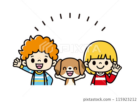 可愛的孩子們微笑著和他們的寵物小獵犬揮手的插圖 115923212