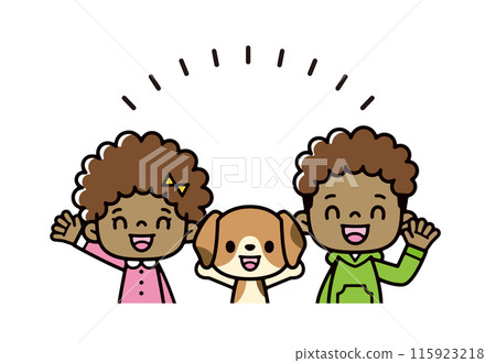 美國兒童與他們的寵物小獵犬微笑和揮手的插圖 115923218