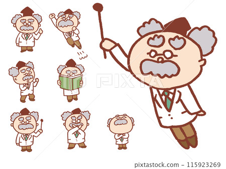 Brown line drawing of a cute round bearded doctor 115923269