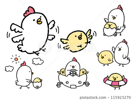 A cute, round line drawing of a parent and child chicken A cute, round line drawing of a parent and child chicken 115923270