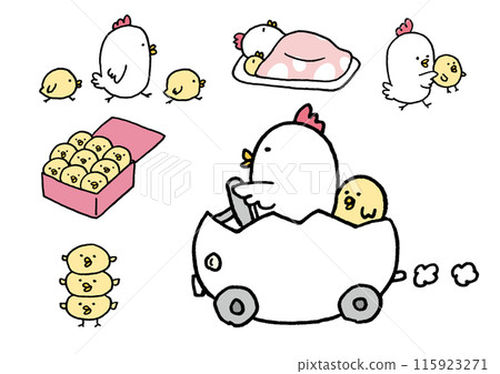 圓形可愛的雞父母和孩子的線條畫 115923271