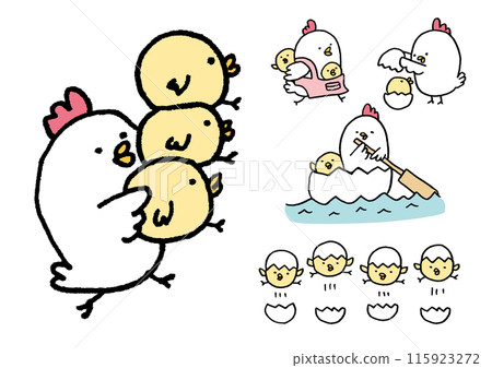 圓形可愛的雞父母和孩子的線條畫 115923272