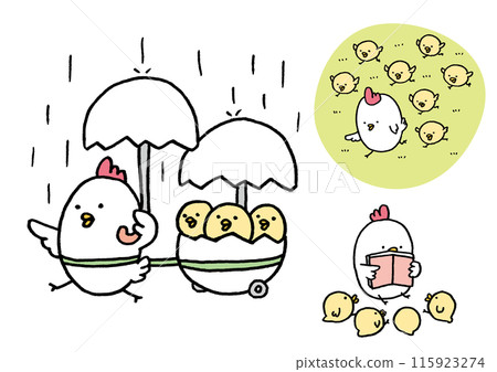 A cute, round line drawing of a parent and child chicken 115923274