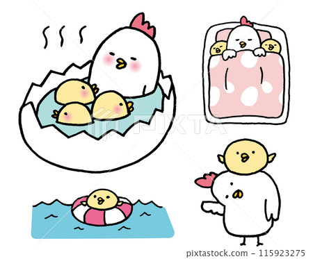 A cute, round line drawing of a parent and child chicken A cute, round line drawing of a parent and child chicken 115923275