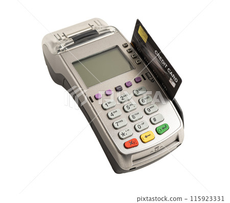 Payment POS terminal isolated on white background with clipping path, technology for finance and shopping business. Payment POS terminal isolated on white background with clipping path, technology for finance and shopping business. 115923331