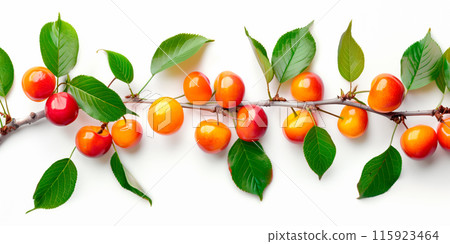Close-up of ripe Persimmons on a tree branch. Vibrant citrus fruits and green leaves convey freshness and healthy living Close-up of ripe Persimmons on a tree branch. Vibrant citrus fruits and green leaves convey freshness and healthy living 115923464