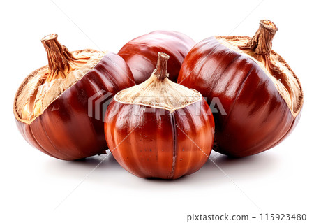 Close-up of shelled and unshelled Chestnut nuts isolated on a white background, showcasing their texture 115923480