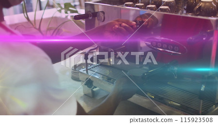 Image of light spots over biracial man using coffee machine 115923508
