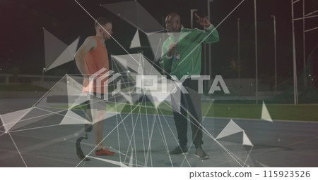 Image of geometrical shapes over african american trainer and caucasian male with running blade Image of geometrical shapes over african american trainer and caucasian male with running blade 115923526