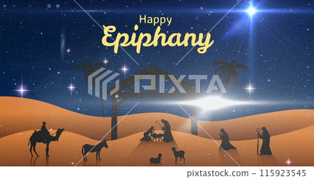 Image of happy epiphany text over snow falling and nativity scene 115923545