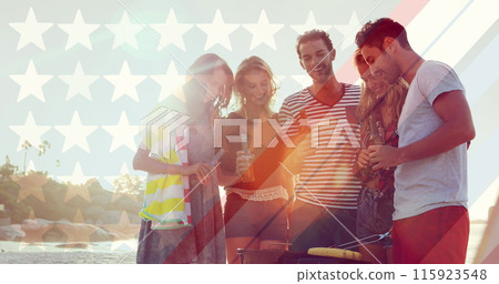 Image of flag of usa over diverse group of friends drinking beer outdoors Image of flag of usa over diverse group of friends drinking beer outdoors 115923548