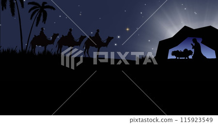Image of silhouettes of kings with camels silhouettes and nativity scene 115923549