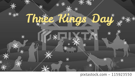 Image of three kings day text over snow falling and nativity scene Image of three kings day text over snow falling and nativity scene 115923550
