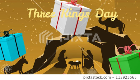 Image of present icons and three kings day text over nativity Image of present icons and three kings day text over nativity 115923563