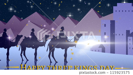 Image of happy three kings day text over kings and camels silhouettes 115923575
