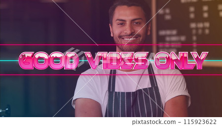 Image of good vibes only over happy biracial bartender 115923622