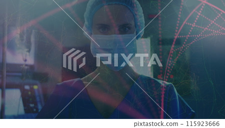 Image of dna strand over female surgeon in face mask 115923666