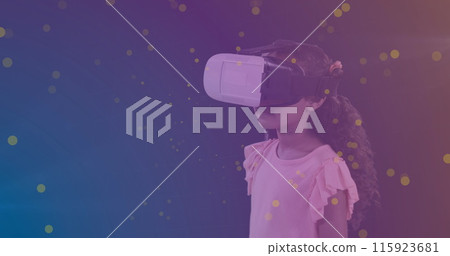 Image of data processing with padlock over biracial schoolgirl with vr headset 115923681