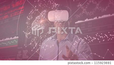 Image of data processing over caucasian man with vr headset 115923691