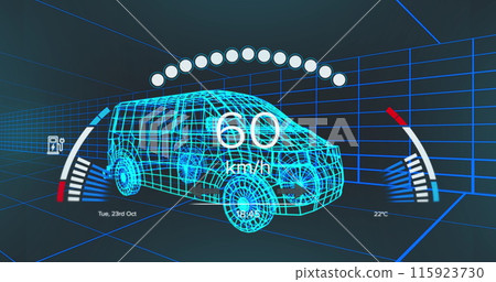 Image of speedometer over electric van project on navy background Image of speedometer over electric van project on navy background 115923730