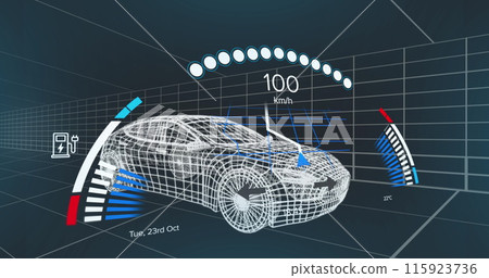 Image of speedometer over electric car project on navy background 115923736