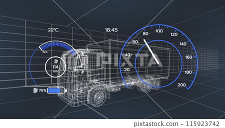 Image of speedometer over electric truck project on navy background Image of speedometer over electric truck project on navy background 115923742