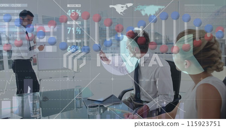 Image of dna strands, statistics and data processing over diverse business people 115923751