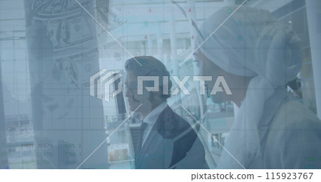 Image of financial graphs over diverse businesspeople walking in office Image of financial graphs over diverse businesspeople walking in office 115923767