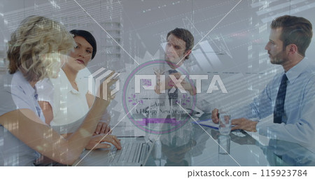 Image of statistics and data processing over diverse business people Image of statistics and data processing over diverse business people 115923784