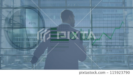 Image of financial graphs and pie chart over back view of caucasian businessman with suitcase 115923790