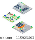 Isometric illustration of houses, stores and factories with solar panels on the roof 115923803