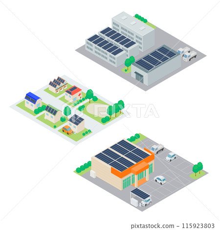 屋頂安裝有太陽能板的房屋、商店或工廠的等距插圖 115923803