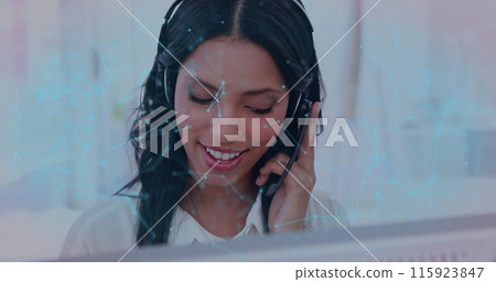 Image of connections and bionic security over happy biracial female consultant working Image of connections and bionic security over happy biracial female consultant working 115923847