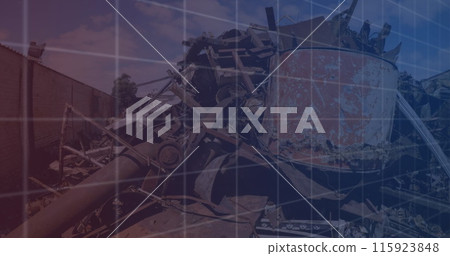 Image of financial data and graphs over machines on junkyard Image of financial data and graphs over machines on junkyard 115923848