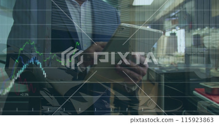 Image of financial data and graphs over hands of caucasian businessman using tablet Image of financial data and graphs over hands of caucasian businessman using tablet 115923863