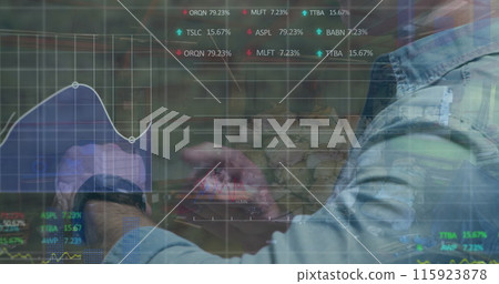 Image of financial data and graphs over midsection of caucasian businessman using smartwatch Image of financial data and graphs over midsection of caucasian businessman using smartwatch 115923878