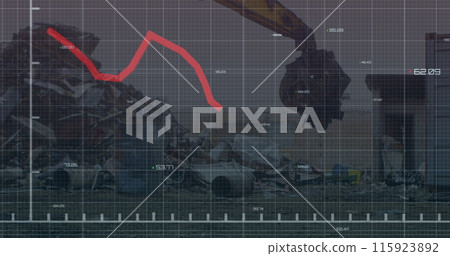 Image of financial data and graphs over machines on junkyard Image of financial data and graphs over machines on junkyard 115923892
