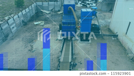 Image of financial data and graphs over machines on junkyard Image of financial data and graphs over machines on junkyard 115923901