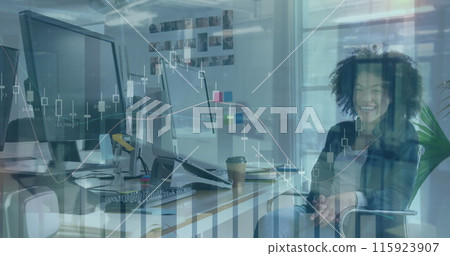 Image of financial data processing over african amercian businesswoman in office 115923907