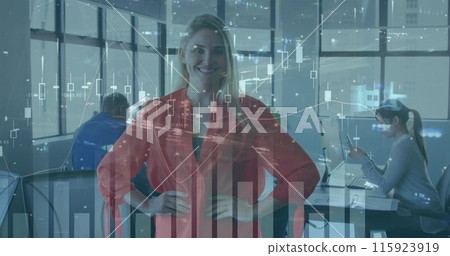 Image of financial data processing over diverse business people in office and cityscape Image of financial data processing over diverse business people in office and cityscape 115923919