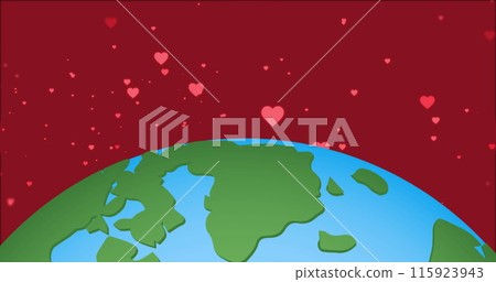 Image of hearts floating over red background with globe 115923943