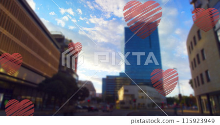 Image of red hearts falling over cityscape Image of red hearts falling over cityscape 115923949
