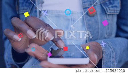 Image of data processing over caucasian man using smartphone 115924010